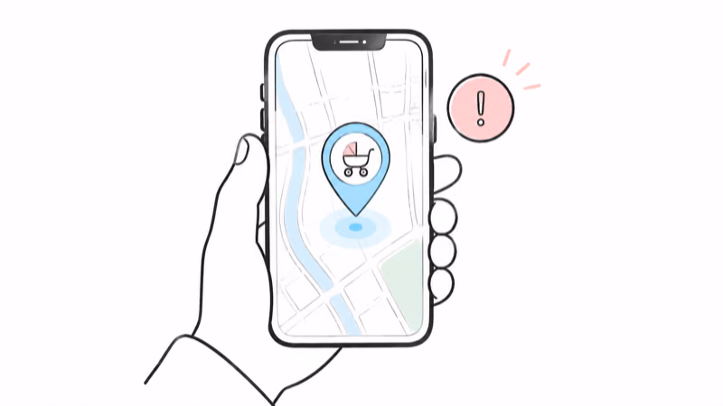 A phone showing a Find My map with a location pin over a stroller icon, plus an unknown-tracker alert badge a thief might receive