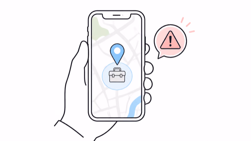 A phone showing a Find My map with a location pin over a toolbox and a separate unknown-tracker alert badge