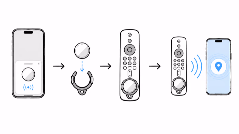 Three steps to add an AirTag to a remote: pair the AirTag, seat it in the case or sticker, and attach it to the remote