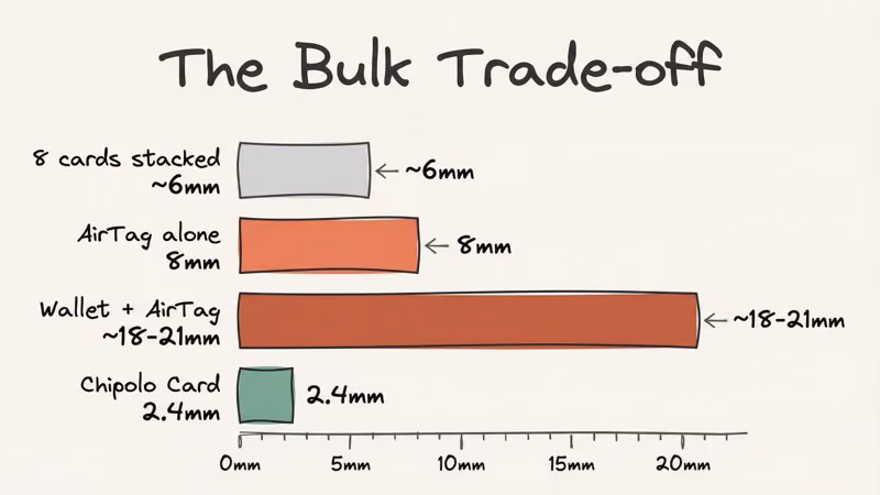 Thickness comparison of AirTag disc versus credit cards and card-shaped trackers