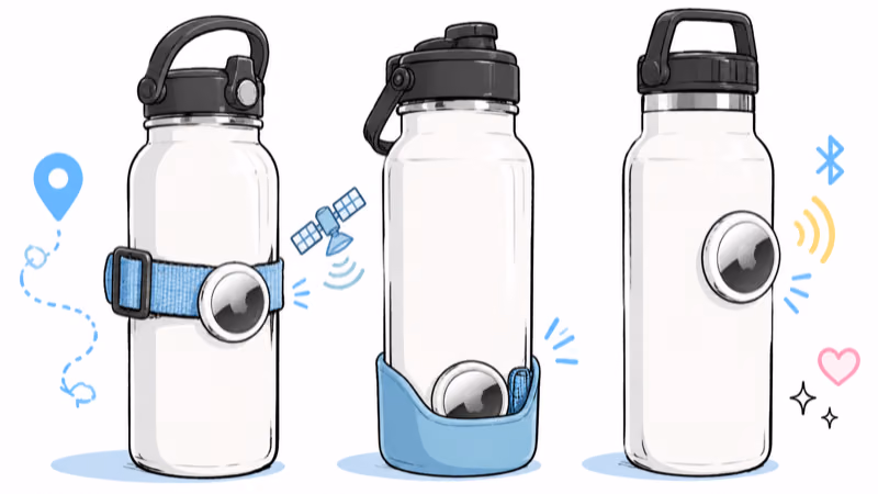 Three ways to hold an AirTag on a water bottle: an adjustable strap around the body, a silicone boot on the base, and an adhesive mount stuck to the side
