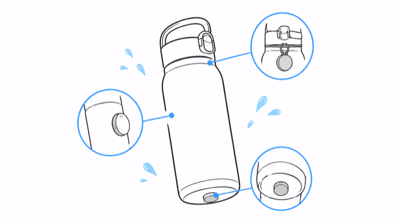 A water bottle with three marked spots to attach an AirTag holder: the base, the side, and under the lid