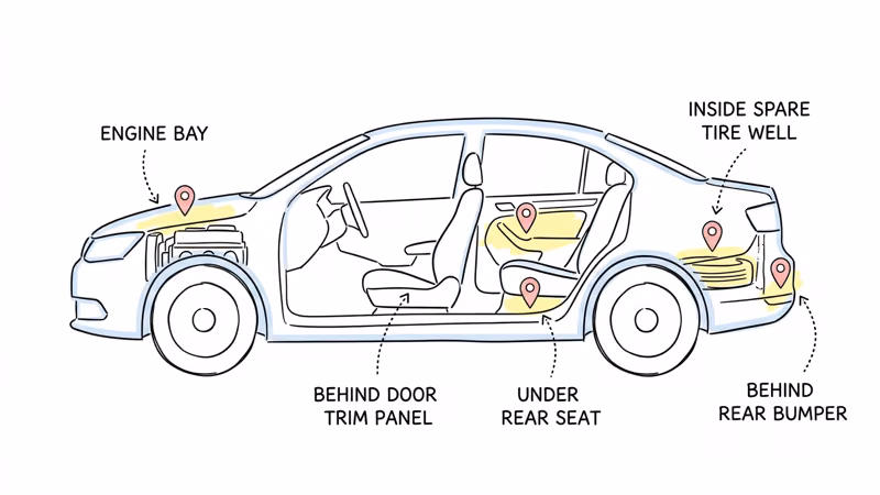 Car cutaway diagram showing five GPS tracker hiding spots from bumper to engine bay