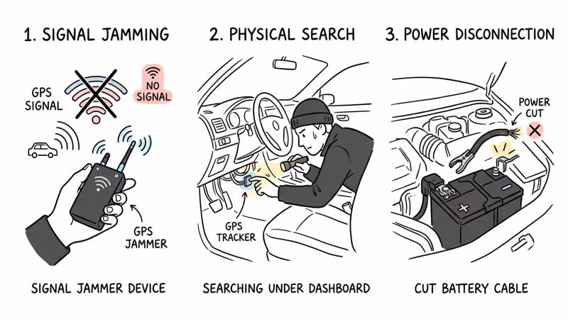 Three methods thieves use to disable GPS trackers including jammers and physical search