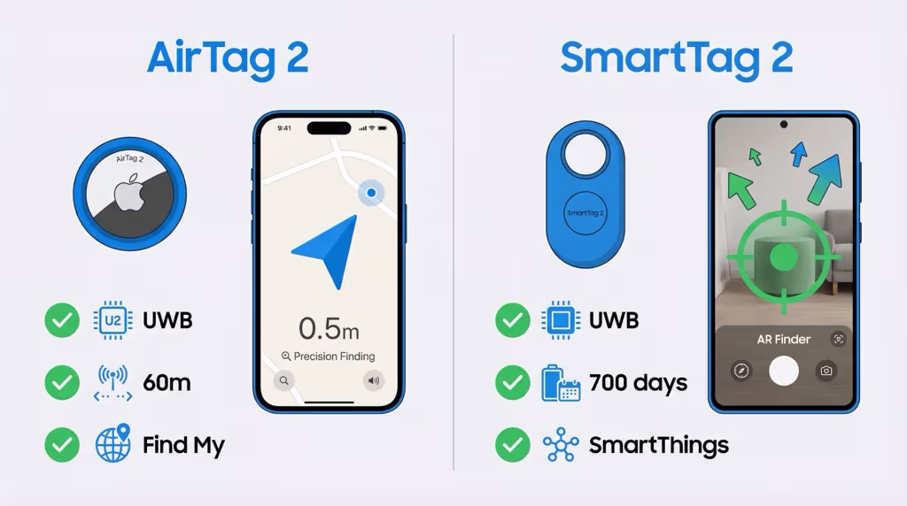 AirTag 2 and Samsung SmartTag 2 side-by-side comparison highlighting key spec differences