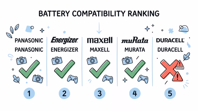 CR2032 battery brand ranking for AirTag showing Panasonic, Energizer, Murata, Maxell, and Duracell compatibility