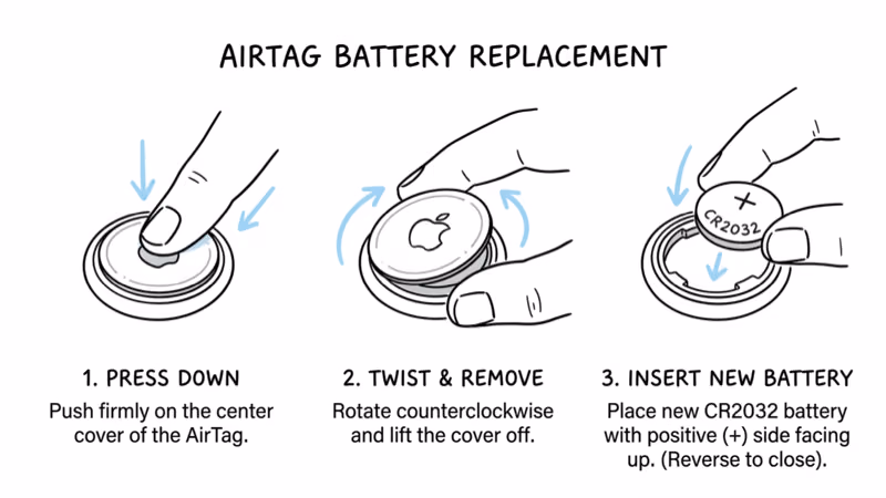 Three-step AirTag battery replacement diagram showing press, twist, and insert CR2032