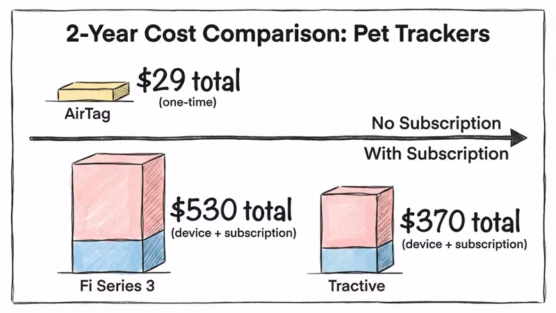 2-year cost comparison: AirTag $29 total vs Fi Series 3 $530 vs Tractive $370