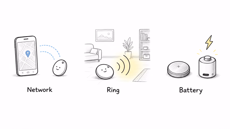 Three Find Hub tracker test criteria illustrated: network location refresh, ring volume, and battery type