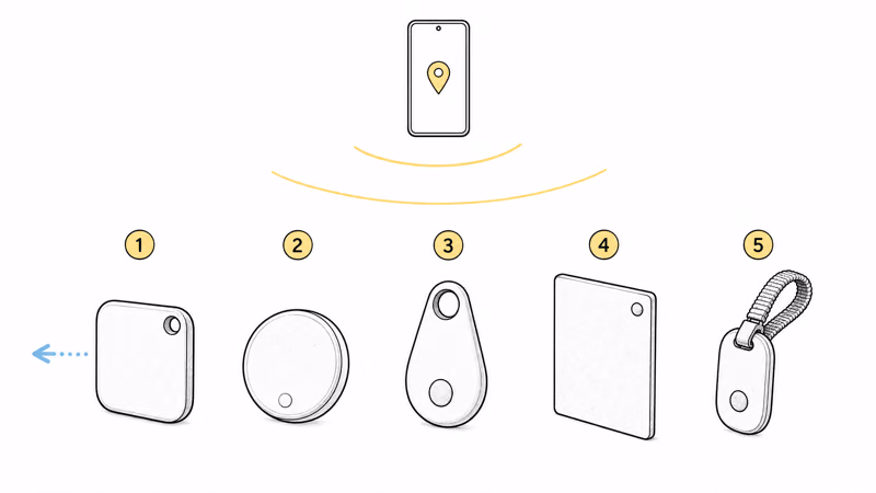 Ranked lineup of five Find Hub trackers numbered one to five under an Android phone broadcasting the network