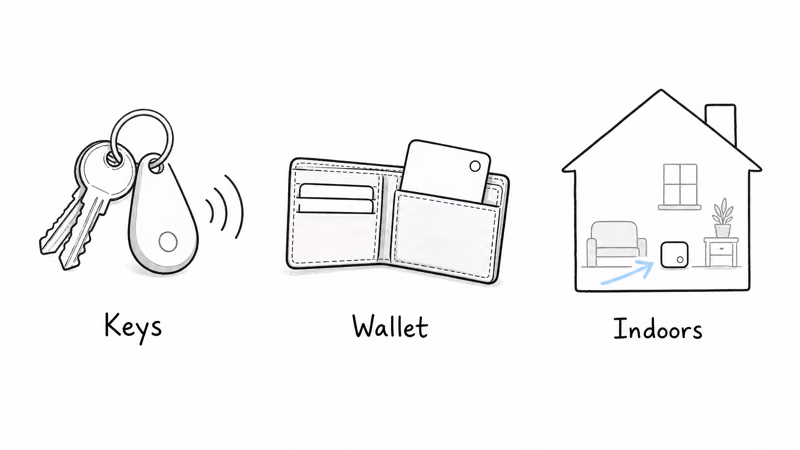 Tracker form factor guide pairing a keyfob with keys, a slim card with a wallet, and a UWB tag for indoors