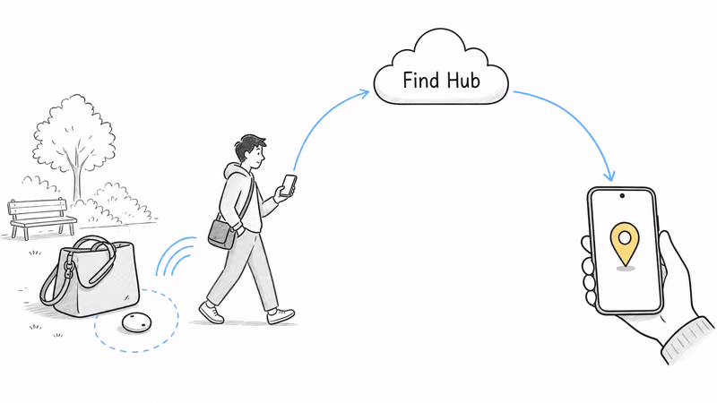How Find Hub relays a lost tag's location through a passing stranger's Android phone back to the owner