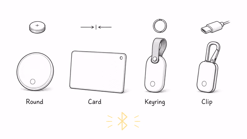 Find My tracker form factors lined up: round tag, thin card, keyring loop, and clip-on tracker