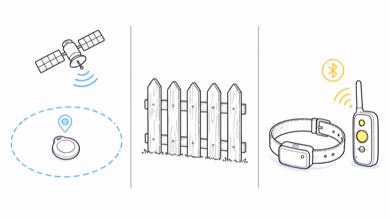 GPS fence boundary, physical picket fence, and training collar compared side by side