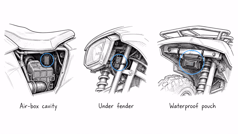 Cross-section diagram of three deep ATV tracker hiding spots: inside the air-box cavity behind the seat, zip-tied under the front fender between the headlight housing and frame, and inside a sealed waterproof pouch under the rear sub-frame