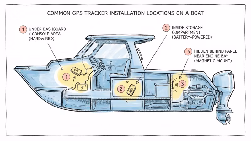 Three GPS tracker installation locations on a boat: under dashboard (hardwired), storage compartment (battery), and behind panel (magnetic)