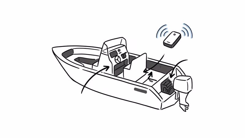 Step-by-step GPS tracker installation on a fiberglass boat hull with mounting hardware