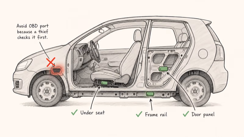 Hand-drawn cutaway of a work car marking good tracker hiding spots under seat, door panel, and frame rail, avoiding the OBD port
