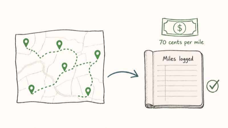 Hand-drawn diagram turning a tracker's route history into a mileage log worth 70 cents per business mile