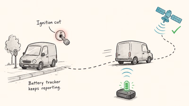 Hand-drawn theft recovery test showing a battery tracker still reporting over LTE after the car ignition is cut