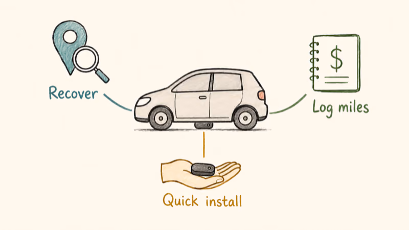 Hand-drawn diagram of the three jobs a delivery tracker does: recover the car, log miles, and quick no-wiring install