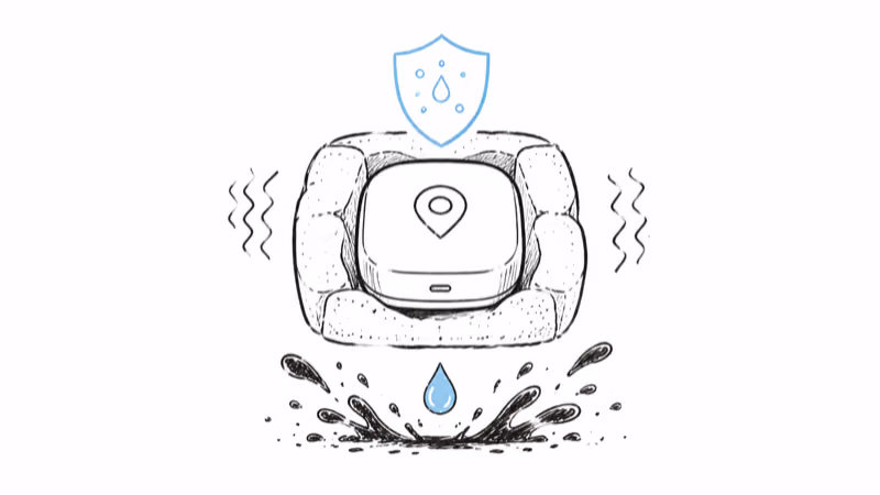 Hand-drawn dirt bike GPS tracker cushioned in foam against vibration with mud splash and water sealing