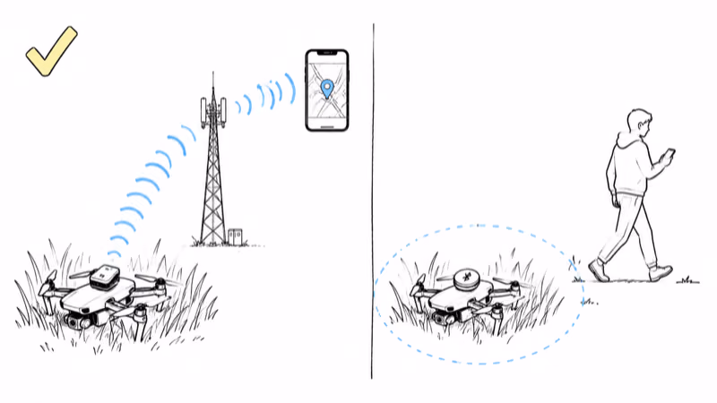 A cellular tracker reports a downed drone from far away while a Bluetooth tag can't reach a passing phone