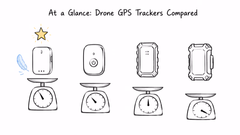 Four lightweight cellular GPS trackers compared by weight for drone recovery use