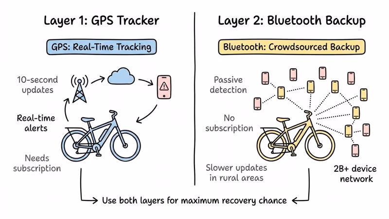Infographic comparing GPS real-time tracking layer versus Bluetooth crowdsourced backup layer for e-bike theft recovery