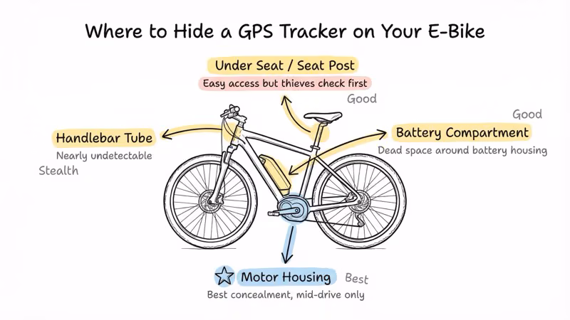 Diagram showing four GPS tracker hiding spots on an e-bike: motor housing, under seat, battery compartment, handlebar tube