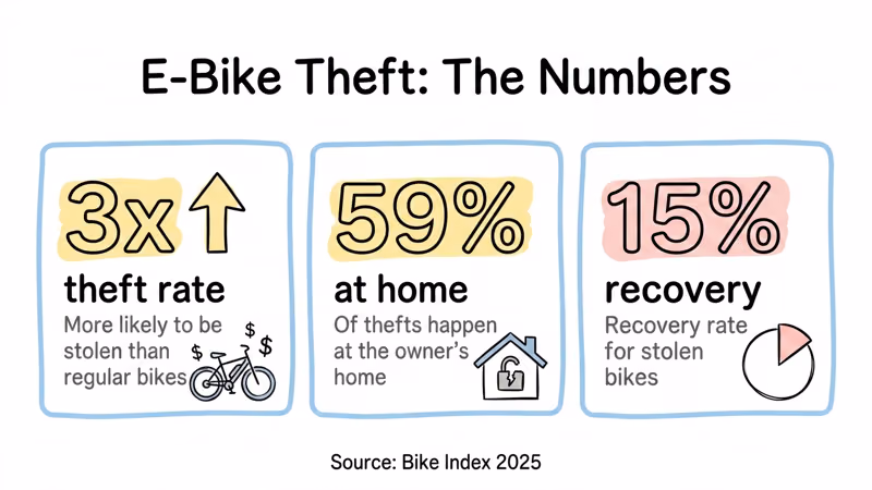 E-bike theft statistics: 3x theft rate, 59% at home, 15% recovery rate
