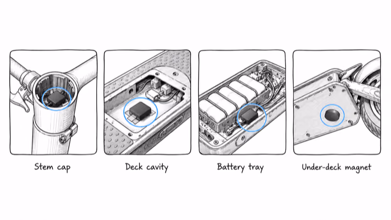 Four GPS tracker install locations on an electric scooter shown in detail: stem cap interior, deck cavity, battery tray, and motor controller magnetic mount