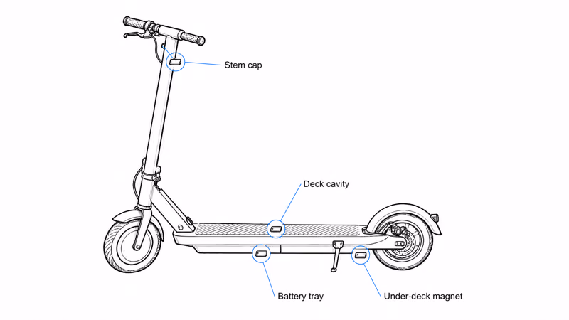Four hidden GPS tracker install locations on an electric scooter: stem cap, deck cavity, battery tray, and magnetic under-deck mount