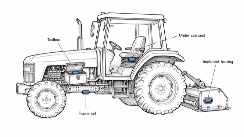 Tractor cutaway showing four hidden GPS tracker spots: cab seat, toolbox, frame rail, implement housing