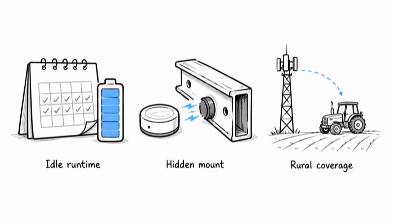 Three questions for choosing a farm GPS tracker: idle runtime, hidden mount, rural coverage