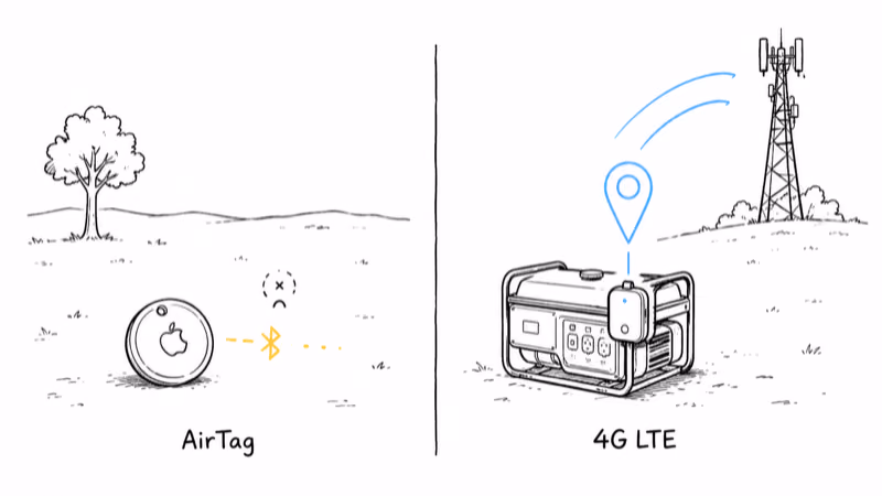 Bluetooth AirTag going silent on a rural site versus a 4G LTE GPS tracker reporting anywhere