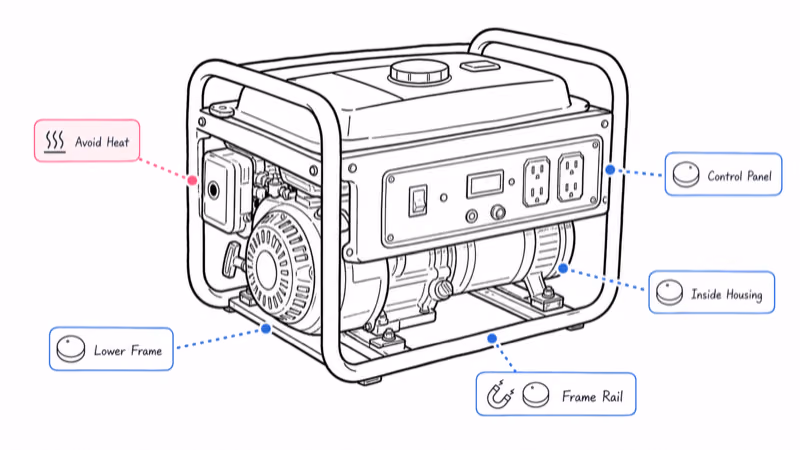 Generator diagram showing the best hidden tracker spots and the hot exhaust zone to avoid