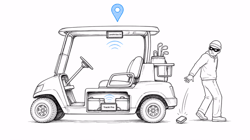 A golf cart running a deep-hidden Tracki Pro plus a magnetic LandAirSea 54 backup while a thief tosses a decoy