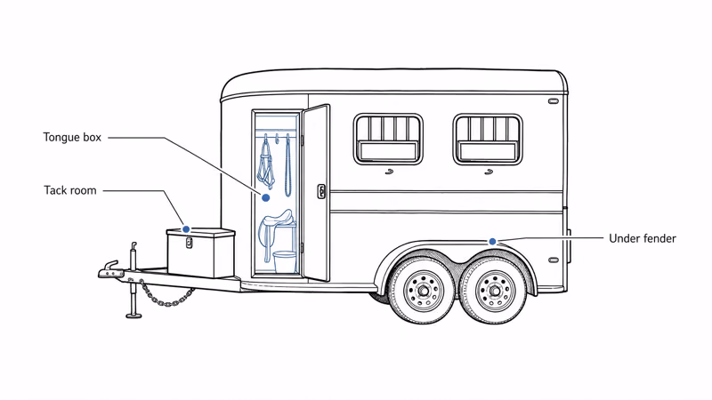 Two-horse trailer with three discreet GPS tracker hiding spots: tongue box, tack room, and under the fender