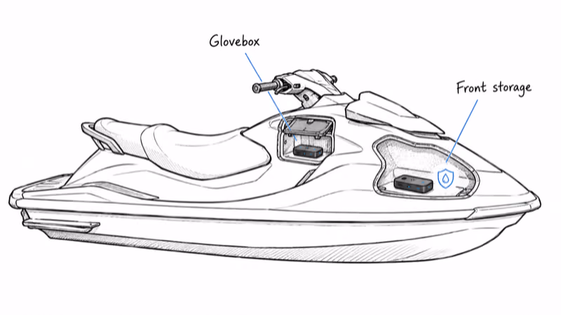 Cutaway jet ski with a waterproof GPS tracker hidden in the front storage compartment and handlebar glovebox