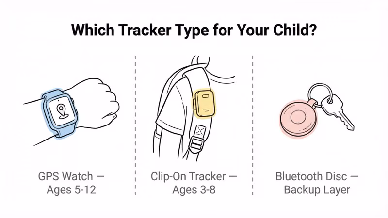 Comparison of GPS watch, clip-on tracker, and AirTag form factors for kids tracking