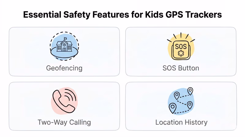 Overview of kids GPS tracker safety features including geofencing, SOS alerts, and anti-stalking protections