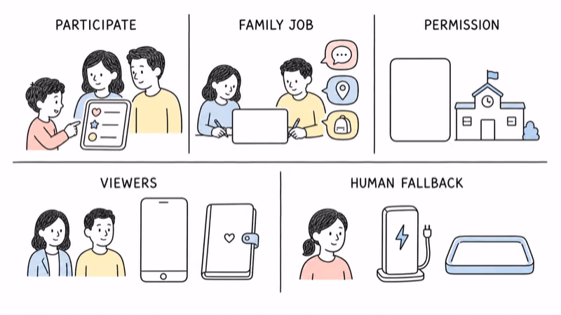 Notion-style family planning illustration separating child participation, the family job, setting permission, approved viewers, charging, privacy, and human fallback before choosing a kids tracker