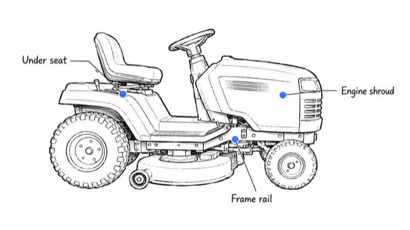 Riding lawn mower showing three discreet GPS tracker hiding spots: under the seat, engine shroud, and frame rail