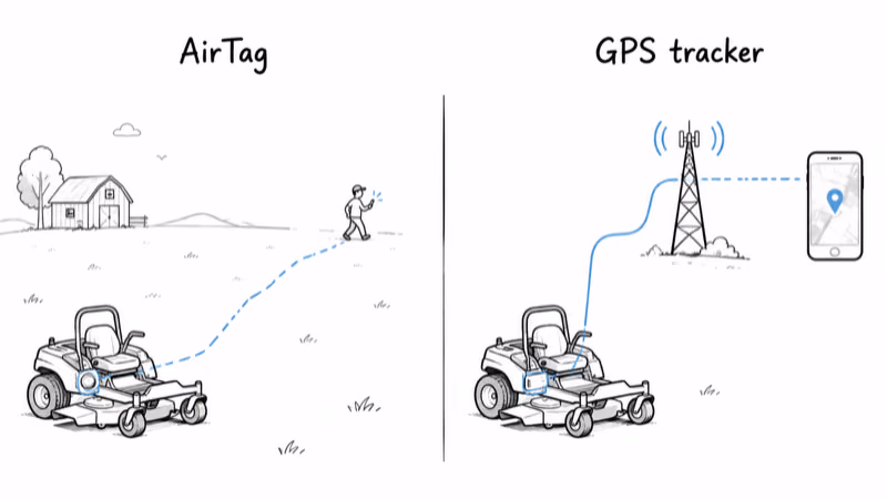 AirTag searching for a distant phone in an empty field versus a cellular GPS tracker reaching a tower