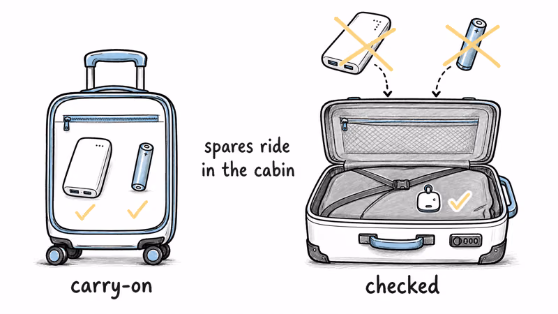 Two suitcases showing spare power banks and loose batteries allowed in a carry-on but banned from a checked bag, while an installed tracker is fine