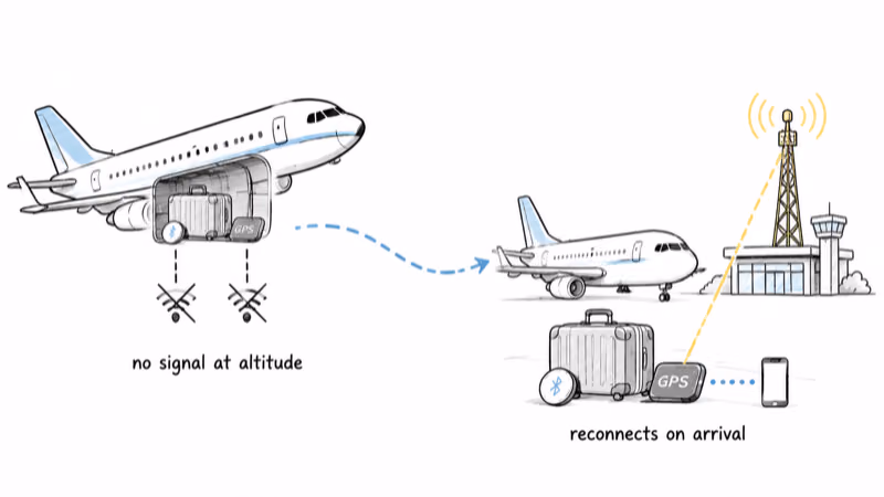 A plane in flight where a tracker has no signal at altitude, then the same plane landed where a GPS tracker reconnects on arrival