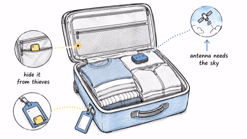 An open suitcase showing a GPS tracker placed up high for sky access and a Bluetooth tag hidden in a lining pocket and luggage tag from thieves