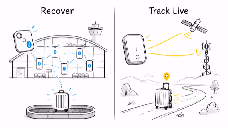 Split diagram showing a Bluetooth tag recovering a delayed bag at an airport versus a GPS tracker following a suitcase live on the road