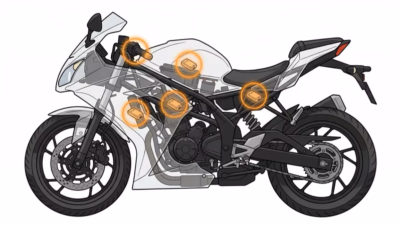Motorcycle diagram showing four GPS tracker hiding locations under seat fairing frame cavity and handlebar tube